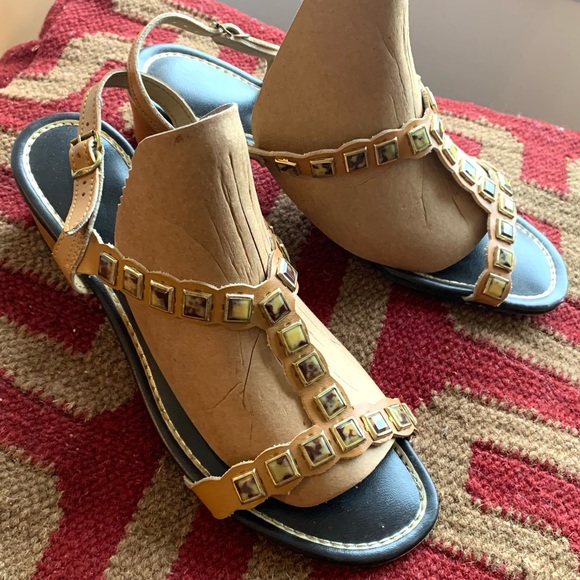 Vintage Light Brown Jeweled Cleopatra Sandals 9 B - Picture 1 of 6